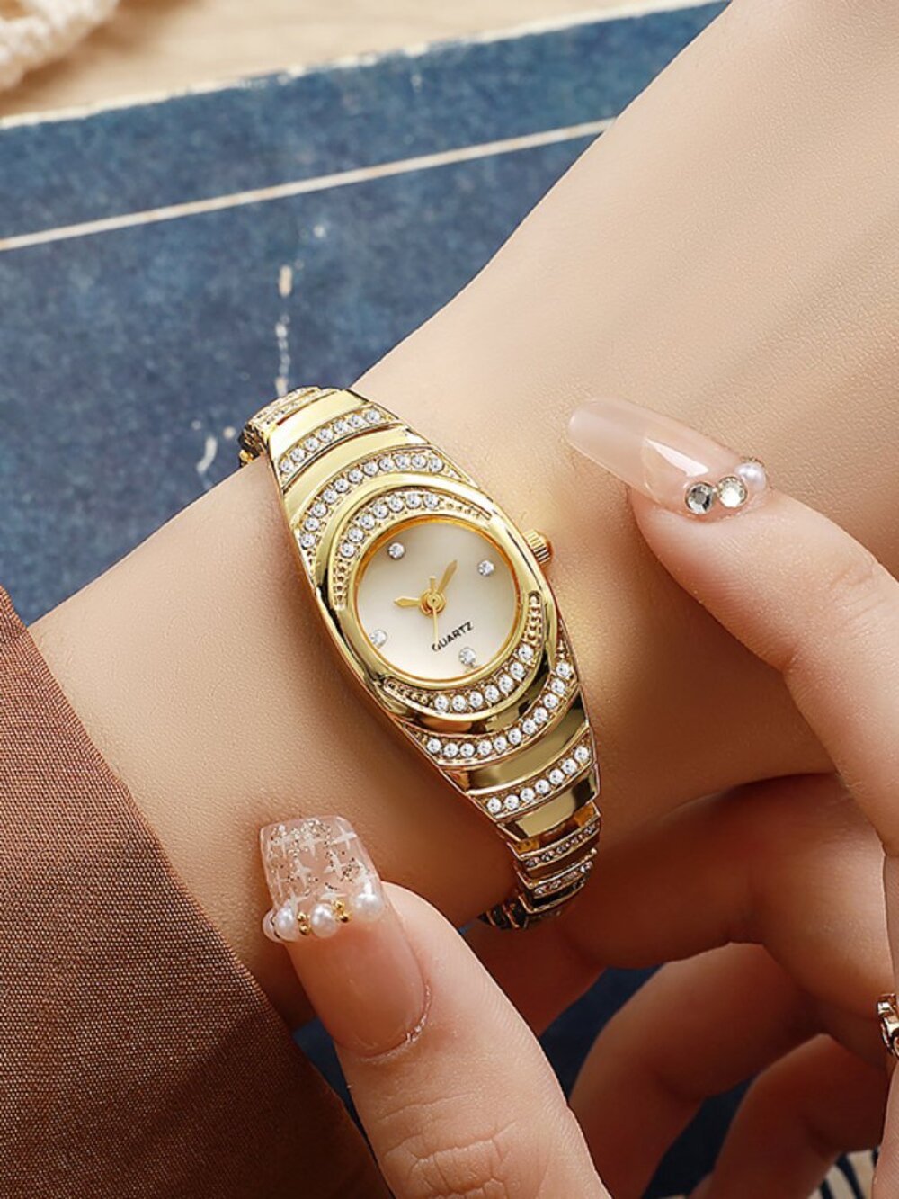 Gold Tone Oval Rhinestone Bangle Quartz Watch for Women